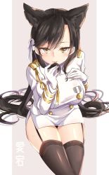 Rule 34 | 1girl, :p, animal ears, atago (azur lane), azur lane, black hair, blush, breasts, brown eyes, character name, commentary request, garter straps, gloves, hand on own chest, highres, kuune rin, large breasts, licking, licking another&#039;s hair, long hair, medal, military, military uniform, mole, mole under eye, naval uniform, solo, sweatdrop, thighhighs, thighs, tongue, tongue out, uniform, very long hair, white gloves