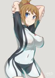 Rule 34 | 10s, 1girl, armpits, arms behind head, blue eyes, bodysuit, breasts, brown hair, covered navel, covered erect nipples, gundam, gundam build fighters, gundam build fighters try, hoshino fumina, impossible clothes, katsudansou, large breasts, ponytail, solo