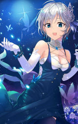 Rule 34 | 1girl, anastasia (idolmaster), ashita (2010), bare shoulders, blue background, blue dress, blue eyes, blue ribbon, blush, breasts, bug, butterfly, butterfly hair ornament, cleavage, collarbone, detached collar, dress, earrings, elbow gloves, flower, gloves, hair ornament, hair ribbon, idolmaster, idolmaster cinderella girls, insect, jewelry, looking at viewer, medium breasts, necklace, open mouth, pendant, ribbon, rose, short hair, silver hair, smile, solo, sparkle, white gloves