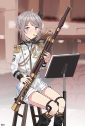 Rule 34 | 1girl, absurdres, ahoge, bassoon, black footwear, black ribbon, blush, boots, brown socks, commentary, cross-laced footwear, epaulettes, gar32, girls&#039; frontline, grey hair, hair ribbon, highres, holding, holding instrument, instrument, jacket, kneehighs, lace-up boots, long sleeves, m200 (girls&#039; frontline), m200 (solemn march) (girls&#039; frontline), music, official alternate costume, parted bangs, playing instrument, purple eyes, ribbon, short shorts, shorts, sidelocks, sitting, socks, solo, white jacket, white shorts