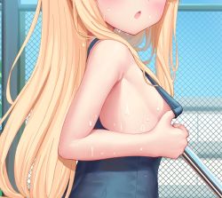 Rule 34 | 1girl, armpit crease, bachibachi (tisen), bare arms, bare shoulders, blonde hair, blue one-piece swimsuit, breasts, clothes pull, head out of frame, highres, little witch nobeta, long hair, nobeta, one-piece swimsuit, one-piece swimsuit pull, open mouth, small breasts, solo, swimsuit, upper body, wet
