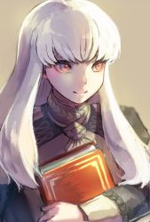 1girl, bangs, book, book hug, brown background, closed mouth, commentary request, eyebrows behind hair, fire emblem, fire emblem: three houses, garreg mach monastery uniform, highres, holding, holding book, long hair, long sleeves, lysithea von ordelia, mimitonmimimi, nintendo, pink eyes, simple background, smile, solo, uniform, upper body, white hair