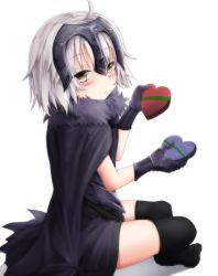 Rule 34 | 1girl, aged down, ahoge, black thighhighs, blush, box, cangmi, cape, fate/grand order, fate (series), from side, fur trim, gift, gift box, gloves, grey hair, headpiece, heart, holding, holding gift, jeanne d&#039;arc (fate), jeanne d&#039;arc alter (avenger) (fate), jeanne d&#039;arc alter (fate), looking at viewer, no shoes, short hair, simple background, sitting, solo, thighhighs, white background, yellow eyes