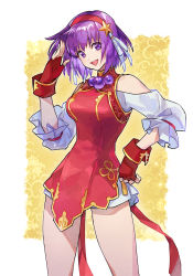 Rule 34 | 1girl, asamiya athena, breasts, china dress, chinese clothes, cowboy shot, dress, fingerless gloves, gloves, hair ribbon, hairband, hand on own hip, highres, looking at viewer, medium breasts, purple eyes, purple hair, red dress, ribbon, simple background, smile, solo, strapless, strapless dress, taki (nakochan), the king of fighters, the king of fighters xv, white background