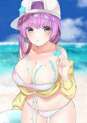 Rule 34 | 1girl, backwards hat, bad id, bad pixiv id, bare shoulders, bb (fate), bb (fate) (all), bb (swimsuit mooncancer) (fate), bb (swimsuit mooncancer) (first ascension) (fate), beach, bikini, blue sky, blurry, blurry background, blush, breasts, cleavage, closed mouth, collarbone, cropped jacket, day, fate/grand order, fate (series), food, hat, hat ornament, highres, jacket, large breasts, long hair, long sleeves, looking at viewer, navel, ocean, off shoulder, popsicle, purple eyes, purple hair, remaruka0413, sky, solo, star (symbol), star hat ornament, swimsuit, very long hair, white bikini, white hat, yellow jacket