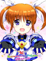 Rule 34 | 1girl, :d, black gloves, blush, brown hair, fingerless gloves, fujima takuya, gloves, hair ribbon, juliet sleeves, long sleeves, lyrical nanoha, magical girl, mahou shoujo lyrical nanoha, mahou shoujo lyrical nanoha the movie 3rd: reflection, official art, open mouth, outstretched arms, puffy sleeves, purple eyes, ribbon, short twintails, smile, solo, star (symbol), takamachi nanoha, takamachi nanoha (exelion mode modified), twintails, upper body