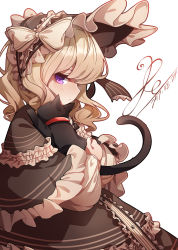 Rule 34 | 1girl, absurdres, artist name, black cat, black dress, blonde hair, blush, bonnet, brown hair, capelet, cat, cat girl, closed mouth, dated, de da xianyu, dress, frills, from side, highres, holding, lolita fashion, looking at viewer, original, purple eyes, signature, simple background, solo, tsurime, wavy hair