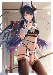 Rule 34 | 1girl, bat wings, bikini, black bra, black hair, black panties, black thighhighs, blue eyes, blush, bra, breasts, cleavage, curled horns, demon girl, demon horns, detached collar, finger to mouth, frilled panties, frills, garter belt, garter straps, highres, horns, index finger raised, indoors, large breasts, long hair, looking at viewer, low wings, maid, maid bikini, maid headdress, maid panties, medium breasts, mole, mole under eye, navel, omelet tomato, original, panties, parted lips, puffy short sleeves, puffy sleeves, short sleeves, shushing, smile, solo, standing, swimsuit, tail, thighhighs, unconventional maid, underwear, wings, wrist cuffs