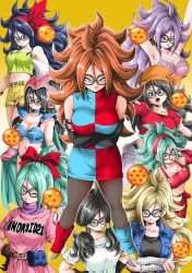 Rule 34 | 6+girls, alternate costume, alternate hairstyle, alternate universe, android 18, android 18 (cosplay), android 21, black eyes, black hair, blonde hair, blue eyes, blue hair, bra (dragon ball), bra (dragon ball) (cosplay), breasts, bulma, bulma (cosplay), chi-chi (dragon ball), chichi (cosplay), cosplay, dragon ball, dragon ball (classic), dragon ball (object), dragon ball fighterz, dragon ball gt, dragonball z, glasses, green hair, highres, large breasts, lunch (dragon ball), lunch (dragon ball) (cosplay), multiple girls, multiple persona, pan (dragon ball), pan (dragon ball) (cosplay), purple hair, ranfan, ranfan (cosplay), red hair, videl, videl (cosplay), young jijii