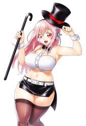 Rule 34 | 1girl, :d, armpits, belt, bow, bowtie, breasts, cane, curvy, detached collar, hat, headphones, large breasts, long hair, looking at viewer, magician, microskirt, midriff, navel, nitroplus, onsoku inu, open mouth, pink eyes, pink hair, skirt, smile, solo, super sonico, thick thighs, thighhighs, thighs, top hat, wrist cuffs