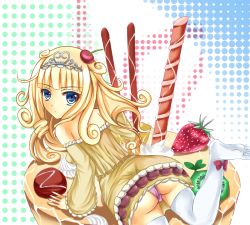 Rule 34 | 1girl, andrew (duel angel), ass, blonde hair, blue eyes, blunt bangs, dessert, duel monster, food, fruit, in food, long hair, looking at viewer, looking back, madolche, madolche puddingcess, panties, solo, strawberry, thighhighs, tiara, underwear, white thighhighs, yu-gi-oh!