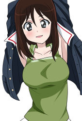 Rule 34 | alternate costume, armpits, arms behind head, arms up, black eyes, blue jacket, blush, breasts, brown hair, collarbone, girls und panzer, green tank top, hair between eyes, highres, jacket, looking at viewer, medium hair, megumi (girls und panzer), ooarai military uniform, open clothes, open jacket, parted lips, simple background, skirt, smile, solo, tank top, wakku kan, white background, white skirt
