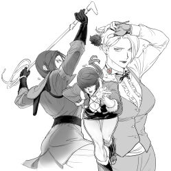 Rule 34 | 3girls, black gloves, bpadult, breasts, cleavage, cleavage cutout, clothing cutout, cropped jacket, flower, gloves, greyscale, hair over eyes, hand on own hip, highres, holding, holding whip, king (snk), looking at viewer, monochrome, multiple girls, rose, ryuuko no ken, shermie (kof), shirt, simple background, snk, spot color, the king of fighters, the king of fighters xv, vest, whip, whip (kof), white background