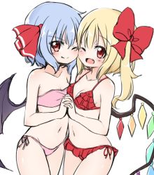 Rule 34 | 2girls, ;), ;d, asymmetrical docking, bandeau, bare arms, bare shoulders, bat wings, bikini, blue hair, bow, breast press, breasts, cheek-to-cheek, cleavage, collarbone, cowboy shot, crystal, fang, fang out, flandre scarlet, frilled bikini, frills, groin, hair between eyes, hair bow, hair ribbon, heads together, highres, holding hands, interlocked fingers, long hair, looking at viewer, multiple girls, navel, no headwear, one eye closed, one side up, open mouth, pink bikini, red bikini, red bow, red eyes, red ribbon, remilia scarlet, ribbon, short hair, siblings, side-tie bikini bottom, simple background, sisters, sketch, small breasts, smile, standing, stomach, strapless, strapless bikini, suwa yasai, swimsuit, thighs, touhou, unfinished, white background, wings
