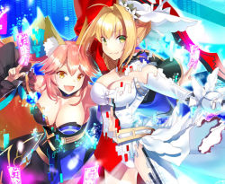 Rule 34 | 10s, 2girls, :d, aestus estus, ahoge, animal ears, bare shoulders, between fingers, blonde hair, blue kimono, blush, breasts, cleavage, closed mouth, collar, commentary request, detached collar, detached sleeves, digital dissolve, fang, fate/extra, fate (series), fox ears, fox girl, fox tail, gloves, hair intakes, holding, holding sword, holding weapon, japanese clothes, kagachi saku, kimono, large breasts, leotard, long sleeves, multiple girls, navel, nero claudius (bride) (fate), nero claudius (fate), nero claudius (fate) (all), official alternate costume, ofuda, ofuda between fingers, open mouth, pink hair, sidelocks, smile, strapless, sword, tail, tamamo (fate), tamamo no mae (fate/extra), tamamo no mae (sable mage) (fate), veil, weapon, white collar, white gloves, white leotard