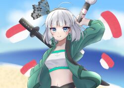 Rule 34 | 1girl, absurdres, ahoge, amanozyaku8901, beach, bikini, black hairband, blurry, blurry background, closed mouth, commentary request, green jacket, grey eyes, grey hair, hairband, highres, holding, holding sword, holding weapon, jacket, konpaku youmu, konpaku youmu (sunny dual-wielder), looking at viewer, multiple swords, navel, ocean, outdoors, short hair, sky, smile, solo, swimsuit, sword, sword behind back, textless version, touhou, touhou lostword, upper body, weapon, white bikini