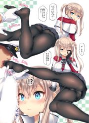 Rule 34 | 10s, 1boy, 1girl, ass, blonde hair, blue eyes, breasts, feet, holding with feet, licking foot, foot worship, graf zeppelin (kancolle), hands on feet, hetero, kantai collection, kase daiki, large breasts, licking, long hair, no shoes, panties, panties under pantyhose, pantyhose, skirt, soles, toes, twintails, underwear