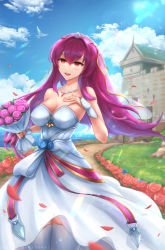 Rule 34 | 1girl, blue sky, blush, breasts, dress, fate/grand order, fate (series), hair between eyes, large breasts, long hair, looking at viewer, open mouth, purple hair, red eyes, scathach (fate), sky, skyde kei, smile, solo, thighs, white dress