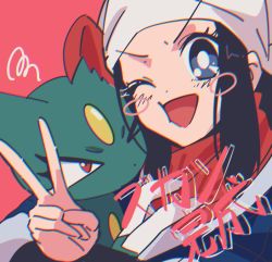 Rule 34 | &gt; o, 1girl, :d, akari (pokemon), black hair, black shirt, blue jacket, bright pupils, cheek squash, commentary request, creatures (company), eyelashes, game freak, gen 2 pokemon, grey eyes, head scarf, highres, jacket, nintendo, nzeneee, one eye closed, open mouth, pink background, pokemon, pokemon (creature), pokemon legends: arceus, red scarf, scarf, shirt, sidelocks, simple background, smile, sneasel, squiggle, white headwear, white pupils