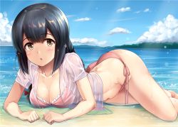 Rule 34 | 10s, 1girl, bad id, bad twitter id, bare legs, barefoot, bikini, black hair, blue sky, bow, braid, breasts, brown eyes, cloud, cloudy sky, collarbone, day, hair bow, ichikawa feesu, isonami (kancolle), kantai collection, long hair, lying, medium breasts, navel, on side, open clothes, open mouth, open shirt, outdoors, partially submerged, pink bikini, see-through, shirt, side-tie bikini bottom, sky, solo, sunlight, swimsuit, twin braids, wet, wet clothes, wet shirt