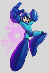 Rule 34 | 1boy, arm cannon, commentary, english commentary, full body, gears, green eyes, helmet, highres, looking at viewer, male focus, mega man (character), mega man (classic), mega man (series), mega man megamix, peggdraws, robot, simple background, smile, solo, weapon