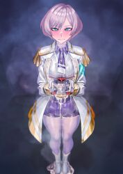 Rule 34 | 1girl, absurdres, blue eyes, coat, commission, cum, gloves, grey hair, gridman universe, hand on own hip, highres, kilye kairi, looking at viewer, mujina, necktie, open clothes, open coat, purple necktie, purple shorts, shirt, short hair, short shorts, shorts, skeb commission, solo, ssss.dynazenon, white coat, white gloves, white shirt