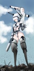 Rule 34 | 1girl, bad id, bad pixiv id, blue hair, blush, breasts, covered erect nipples, cyborg, girls&#039; frontline, glowing, glowing eye, highres, joints, mechanical arms, mechanical legs, medium breasts, paradeus, peromon, ribs, robot joints, rodelero (girls&#039; frontline), short hair, smile, solo, thighs, waving