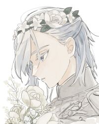 Rule 34 | 1boy, baby&#039;s-breath, colored eyelashes, flower, flower wreath, from side, hair behind ear, half updo, head wreath, huzishiro, jacket, lily of the valley, looking ahead, male focus, official alternate costume, parted lips, portrait, profile, purple eyes, rose, short hair, silver (twisted wonderland), simple background, solo, tulip, twisted wonderland, white background, white flower, white hair, white jacket, white rose