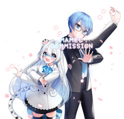 Rule 34 | 1boy, 1girl, :d, animal ears, bad id, bad pixiv id, black jacket, black pants, black thighhighs, blue bow, blue eyes, blue hair, blue neckwear, blush, bow, closed mouth, coat, collared shirt, commission, cowboy shot, dress shirt, fang, formal, glasses, hair between eyes, head tilt, jacket, long hair, long sleeves, looking at viewer, m/, mamel 27, necktie, open clothes, open jacket, open mouth, original, pants, petals, shirt, silver hair, smile, standing, suit, tail, thighhighs, tiger ears, tiger girl, tiger tail, twitter username, very long hair, white-framed eyewear, white background, white coat, white shirt