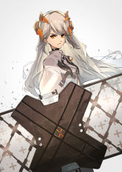 Rule 34 | 1girl, arknights, brown horns, closed mouth, gradient background, grey background, grey hair, highres, holding, holding shield, horns, ibaraki shun, long hair, multicolored horns, orange eyes, orange horns, saria (arknights), scratches, shield, solo, v-shaped eyebrows, wind