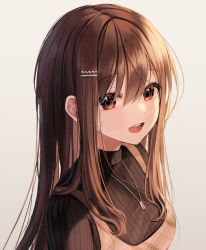 Rule 34 | 1girl, absurdres, apron, bad id, bad twitter id, brown eyes, brown sweater, hair between eyes, hair strand, highres, long hair, long sleeves, looking at viewer, myowa, open mouth, original, pink lips, portrait, ribbed sweater, shiny lips, sidelighting, sidelocks, simple background, smile, solo, sweater, turtleneck, turtleneck sweater