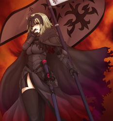 Rule 34 | 1girl, armor, blonde hair, cape, covering own mouth, fate/grand order, fate (series), hand over own mouth, headpiece, highres, jeanne d&#039;arc (fate), jeanne d&#039;arc alter (avenger) (fate), jeanne d&#039;arc alter (avenger) (first ascension) (fate), jeanne d&#039;arc alter (fate), looking at viewer, ruler (fate/grand order), scabbard, sheath, sheathed, shishamo (1874486), smile, smirk, solo, standard bearer, sword, thighhighs, thighs, weapon, yellow eyes