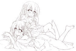 Rule 34 | 2girls, adjusting hair, bare shoulders, barefoot, blush, breasts, cleavage, feet, flower, greyscale, hair flower, hair ornament, japanese clothes, kimono, long hair, looking at viewer, lying, monochrome, multiple girls, off shoulder, on stomach, sitting, smile, yukitarou (awamori)