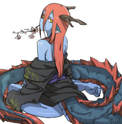 Rule 34 | 1girl, animal ear fluff, animal ears, antlers, barefoot, blue scales, blue skin, branch, cherry blossoms, chiwa (fcwv5738), closed mouth, colored eyelashes, colored skin, dragon girl, dragon tail, flower, full body, hair between eyes, highres, horns, long hair, looking at viewer, looking back, monster girl, mouth hold, original, partially undressed, pink flower, red hair, simple background, sitting, solo, tail, white background, yellow eyes, yokozuwari