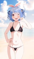 Rule 34 | 1girl, absurdres, aged down, animal ears, bikini, black bikini, blue hair, blue sky, blush, breasts, collarbone, cowboy shot, day, dot nose, eyebrows, eyelashes, female focus, finger to own chin, hand on own hip, highres, hololive, hololive fantasy, index finger raised, kiniro tofu, looking at viewer, medium breasts, navel, one eye closed, open mouth, outdoors, petite, rabbit ears, rabbit girl, red eyes, short hair, short twintails, sky, smile, solo, swimsuit, teeth, thick eyebrows, twintails, upper teeth only, usada pekora, virtual youtuber