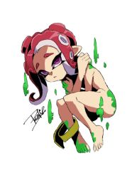 Rule 34 | 1girl, barefoot, full body, furrowed brow, isamu-ki (yuuki), knees together feet apart, long hair, looking at viewer, nintendo, nude, octoling, octoling girl, octoling player character, parted lips, purple eyes, red hair, signature, simple background, solo, splatoon (series), splatoon 2, splatoon 2: octo expansion, suction cups, tentacle hair, white background