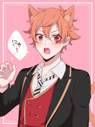 Rule 34 | 1boy, ace trappola, animal ears, black jacket, cat boy, cat ears, cat tail, facial mark, formal, hair between eyes, heart, heart facial mark, highres, jacket, long sleeves, looking at viewer, male focus, meshi kue yo, necktie, open mouth, orange hair, red eyes, red vest, short hair, solo, striped necktie, suit, tail, twisted wonderland, vest