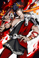 Rule 34 | 1boy, ancient greek clothes, bad id, bad pixiv id, black hair, black sclera, changye, colored sclera, explosion, fire, greco-roman clothes, green eyes, hades (series), hades 1, hand on own hip, heterochromia, laurel crown, over shoulder, pants, red eyes, solo, spiked hair, sword, sword over shoulder, weapon, weapon over shoulder, zagreus (hades)