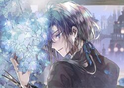 Rule 34 | 1boy, black shirt, blue eyes, blue flower, blue ribbon, building, castle, curtained hair, flower, from behind, hair over shoulder, hair ribbon, holding, holding flower, light particles, long hair, long sleeves, looking at flowers, looking to the side, low ponytail, male focus, original, parted lips, ribbon, scissors, shirt, solo, teeth, upper body, upper teeth only, window, yakujyooz