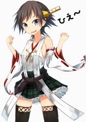 Rule 34 | 10s, 1girl, blue eyes, boots, brown hair, detached sleeves, fang, frilled skirt, frills, hairband, hiei (kancolle), hiei kai ni (kancolle), highres, japanese clothes, kantai collection, no legwear, nontraditional miko, open mouth, personification, plaid, plaid skirt, ribbon-trimmed sleeves, ribbon trim, short hair, skirt, solo, sune (mugendai), suneo, thigh boots, thighhighs, wide sleeves