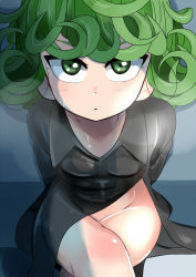 Rule 34 | 1girl, breasts, collar, curly hair, dress, female focus, green eyes, green hair, heppushu, crossed legs, looking at viewer, looking up, medium hair, no panties, one-punch man, sitting, small breasts, solo, steam, sweat, sweatdrop, tatsumaki, thick thighs, thighs