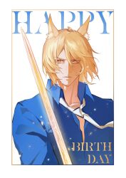 Rule 34 | 1boy, animal ear fluff, animal ears, arknights, blonde hair, blue shirt, border, bright pupils, closed mouth, collared shirt, commentary, english commentary, english text, happy birthday, heart bobo, highres, holding, holding sword, holding weapon, horse boy, horse ears, long hair, looking at viewer, male focus, mlynar (arknights), necktie, shirt, simple background, solo, sweat, sword, upper body, weapon, white background, white necktie, white pupils, yellow border, yellow eyes