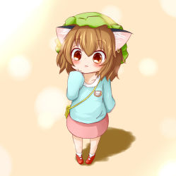 Rule 34 | 1girl, animal ears, brown eyes, brown hair, cat ears, chen, earrings, fang, hat, jewelry, kindergarten uniform, kisa (k isa), looking at viewer, name tag, no tail, open mouth, short hair, solo, touhou, aged down