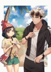 Rule 34 | 1boy, 1girl, absurdres, bag, beanie, between breasts, black hair, border, bracelet, breasts, brown hair, closed mouth, cloud, collarbone, commentary request, creatures (company), day, eye contact, eyewear on head, floral print, game freak, green shorts, grey eyes, guzma (pokemon), hand up, hat, highres, holding strap, hood, hooded jacket, jacket, jewelry, looking at another, medium hair, multicolored hair, nintendo, open clothes, open jacket, outdoors, outside border, palm tree, pants, pokemon, pokemon sm, pout, red headwear, selene (pokemon), shirt, short sleeves, shorts, shoulder bag, sky, strap between breasts, sunglasses, sweatdrop, t-shirt, team skull, tree, two-tone hair, undercut, white border, white hair, white shirt, yellow-framed eyewear, yellow shirt, yoshiyoshiwa