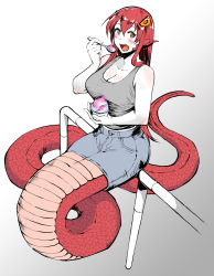 Rule 34 | 1girl, absurdres, blush, breasts, commission, commissioner upload, denim, denim skirt, eating, fangs, food, gradient background, grey background, hair ornament, highres, lamia, long hair, medium breasts, miia (monster musume), monster girl, monster musume no iru nichijou, open mouth, pointy ears, railing, raised eyebrows, red hair, scales, scribblesquab, shaved ice, simple background, sitting, skirt, slit pupils, solo, spoon, tongue, white background, yellow eyes