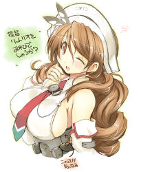 Rule 34 | 10s, 1girl, arrow (symbol), blush, breasts, brown eyes, brown hair, collared shirt, covered erect nipples, detached sleeves, eyebrows, hair between eyes, hand up, headdress, kantai collection, large breasts, littorio (kancolle), long hair, long sleeves, looking at viewer, necktie, one eye closed, open mouth, sakaki (noi-gren), shirt, sideboob, sidelocks, simple background, sleeveless, smile, solo, translation request, upper body, wavy hair, white background, white shirt