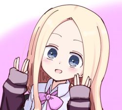 Rule 34 | 10s, 1girl, :d, abigail williams (fate), blonde hair, blue eyes, blush, bow, collared shirt, commentary request, cosplay, fate/grand order, fate (series), forehead, gradient background, gridman universe, hands up, jacket, kujou karasuma, long hair, long sleeves, looking at viewer, open mouth, parted bangs, pink background, pink bow, purple jacket, salute, shinjou akane, shinjou akane (cosplay), shirt, sleeves past wrists, smile, solo, ssss.gridman, vulcan salute, white background, white shirt