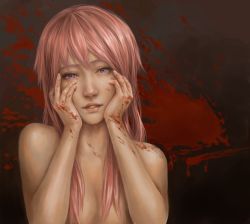Rule 34 | 1girl, blood, blood on face, blood on hands, blood splatter, blood on hands, gasai yuno, hair over breasts, hands on own cheeks, hands on own face, jason peng, long hair, looking at viewer, mirai nikki, open mouth, pink eyes, pink hair, realistic, solo, upper body, yandere, yandere trance