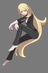 Rule 34 | 1girl, asatsuki (fgfff), barefoot, black nails, black pants, black shirt, blonde hair, commentary request, creatures (company), cynthia (pokemon), from side, full body, game freak, grey background, grey eyes, hair over one eye, highres, holding, holding poke ball, invisible chair, long hair, looking to the side, nail polish, nintendo, pants, poke ball, poke ball (basic), pokemon, pokemon dppt, shirt, simple background, sitting, sleeves past elbows, solo, toes, v-neck, very long hair