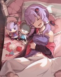 Rule 34 | blanket, closed eyes, drooling, fabric, head on pillow, highres, lying, mouth drool, needle, on back, open mouth, pillow, purple hair, sewing needle, sewing pin, sleeping, stuffed toy, stuffing, sunlight, thread, under covers, vocaloid, voiceroid, yasuhara roku, yuzuki yukari